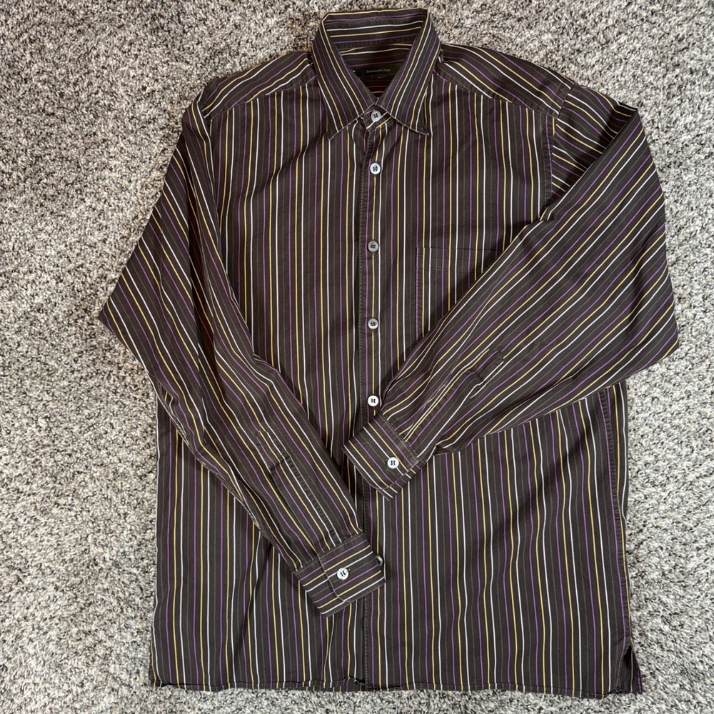 Ermenegildo Zegna Size L Mens Brown Purple Striped Cotton Button Up Shirt